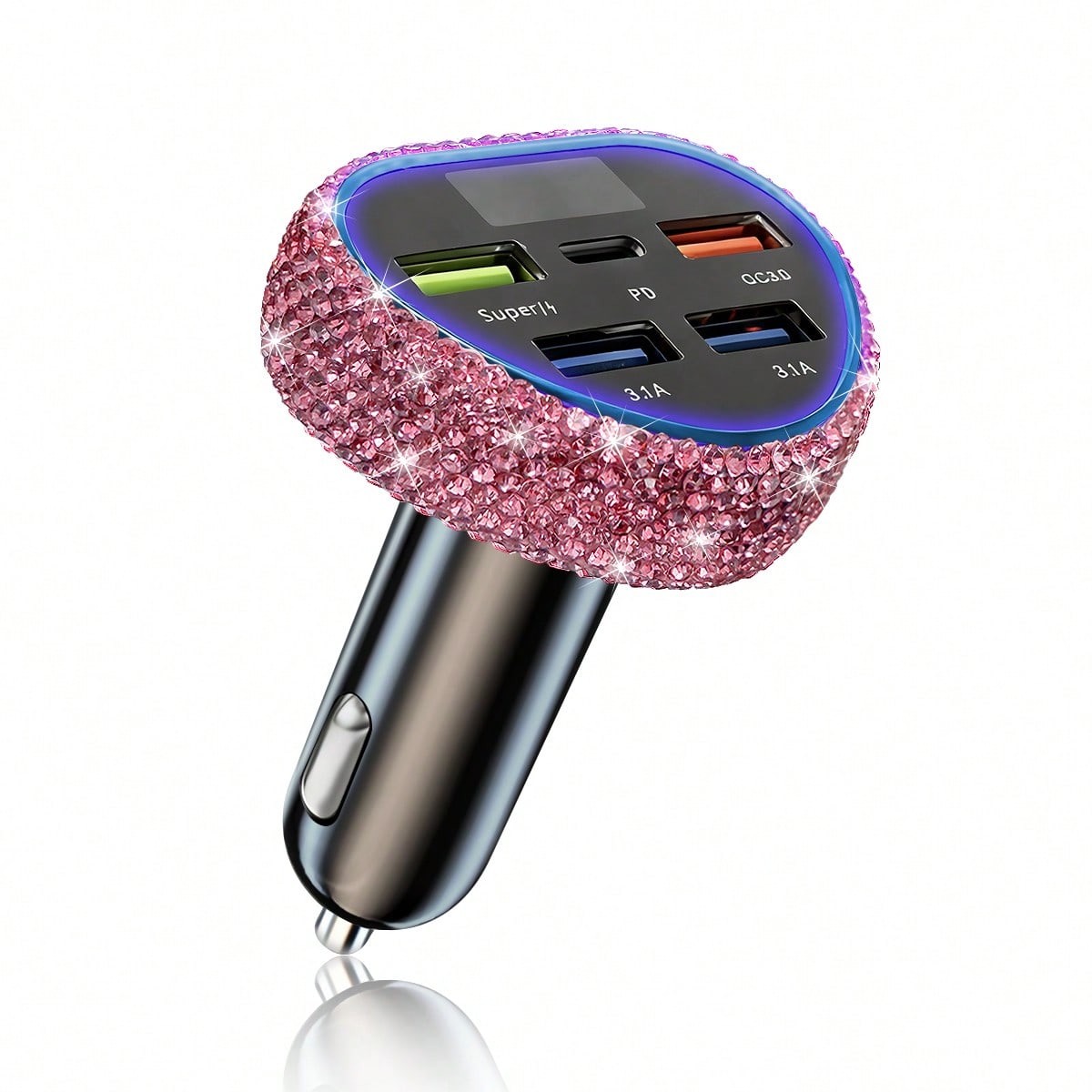 1pc Bling Bling Rhinestone Studded Car Charger, Fast Charging, USB A/C Car Phone Charger, Heart-Shaped LED Display Rhinestone Car Charger Adapter, Fast Charging, Supports Phones, Dashcams, GPS Etc., H