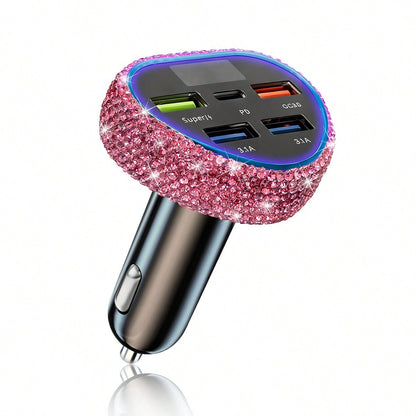 1pc Bling Bling Rhinestone Studded Car Charger, Fast Charging, USB A/C Car Phone Charger, Heart-Shaped LED Display Rhinestone Car Charger Adapter, Fast Charging, Supports Phones, Dashcams, GPS Etc., H
