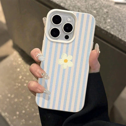 1pc Blue & White Striped With Daisy Pattern New Litchi Texture Full Coverage TPU Shockproof Fashion Phone Case Compatible With IPhone 11 12 13 14 15 16 17 Pro Max A 55/54/53/52/51 S25/24/23/22/21 Seri
