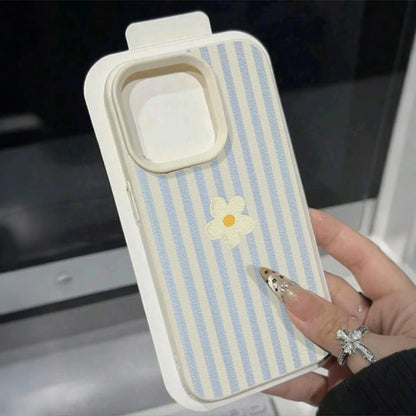 1pc Blue & White Striped With Daisy Pattern New Litchi Texture Full Coverage TPU Shockproof Fashion Phone Case Compatible With IPhone 11 12 13 14 15 16 17 Pro Max A 55/54/53/52/51 S25/24/23/22/21 Seri