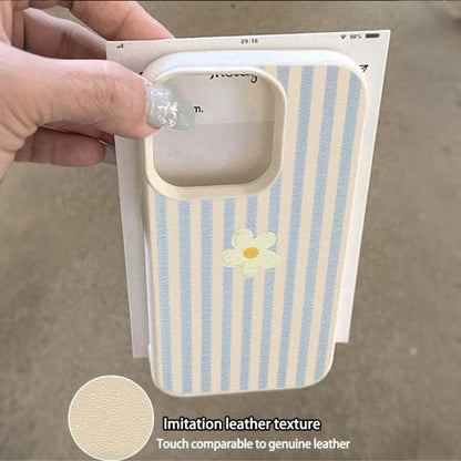 1pc Blue & White Striped With Daisy Pattern New Litchi Texture Full Coverage TPU Shockproof Fashion Phone Case Compatible With IPhone 11 12 13 14 15 16 17 Pro Max A 55/54/53/52/51 S25/24/23/22/21 Seri