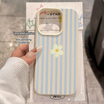 1pc Blue & White Striped With Daisy Pattern New Litchi Texture Full Coverage TPU Shockproof Fashion Phone Case Compatible With IPhone 11 12 13 14 15 16 17 Pro Max A 55/54/53/52/51 S25/24/23/22/21 Seri