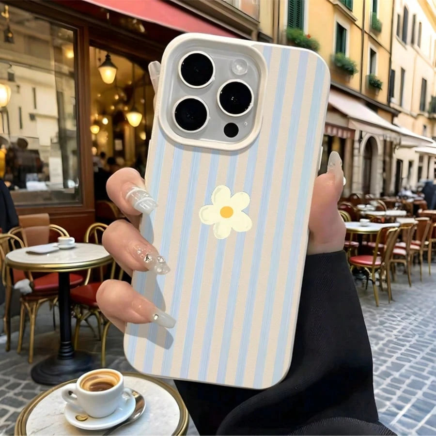 1pc Blue & White Striped With Daisy Pattern New Litchi Texture Full Coverage TPU Shockproof Fashion Phone Case Compatible With IPhone 11 12 13 14 15 16 17 Pro Max A 55/54/53/52/51 S25/24/23/22/21 Seri