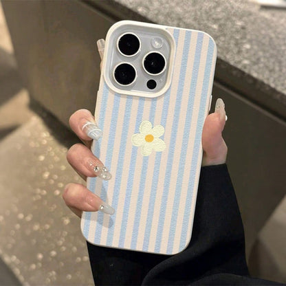 1pc Blue & White Striped With Daisy Pattern New Litchi Texture Full Coverage TPU Shockproof Fashion Phone Case Compatible With IPhone 11 12 13 14 15 16 17 Pro Max A 55/54/53/52/51 S25/24/23/22/21 Seri