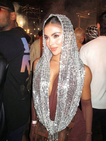 1pc Bohemian Style Scarf With Silver Sequin Tassels, Luxury Mesh Hijab For Muslim Women, Vibrant Color Shawl