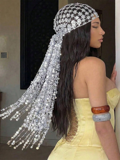 1pc Bohemian Style Scarf With Silver Sequin Tassels, Luxury Mesh Hijab For Muslim Women, Vibrant Color Shawl