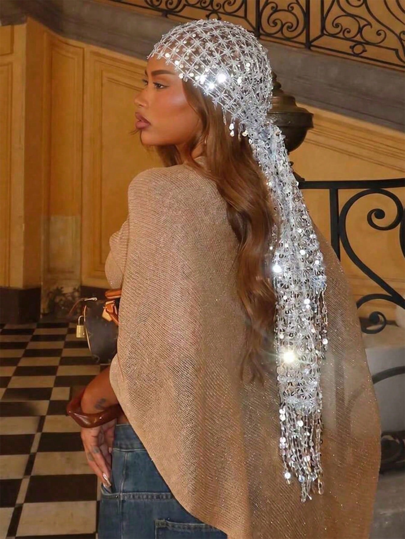 1pc Bohemian Style Scarf With Silver Sequin Tassels, Luxury Mesh Hijab For Muslim Women, Vibrant Color Shawl