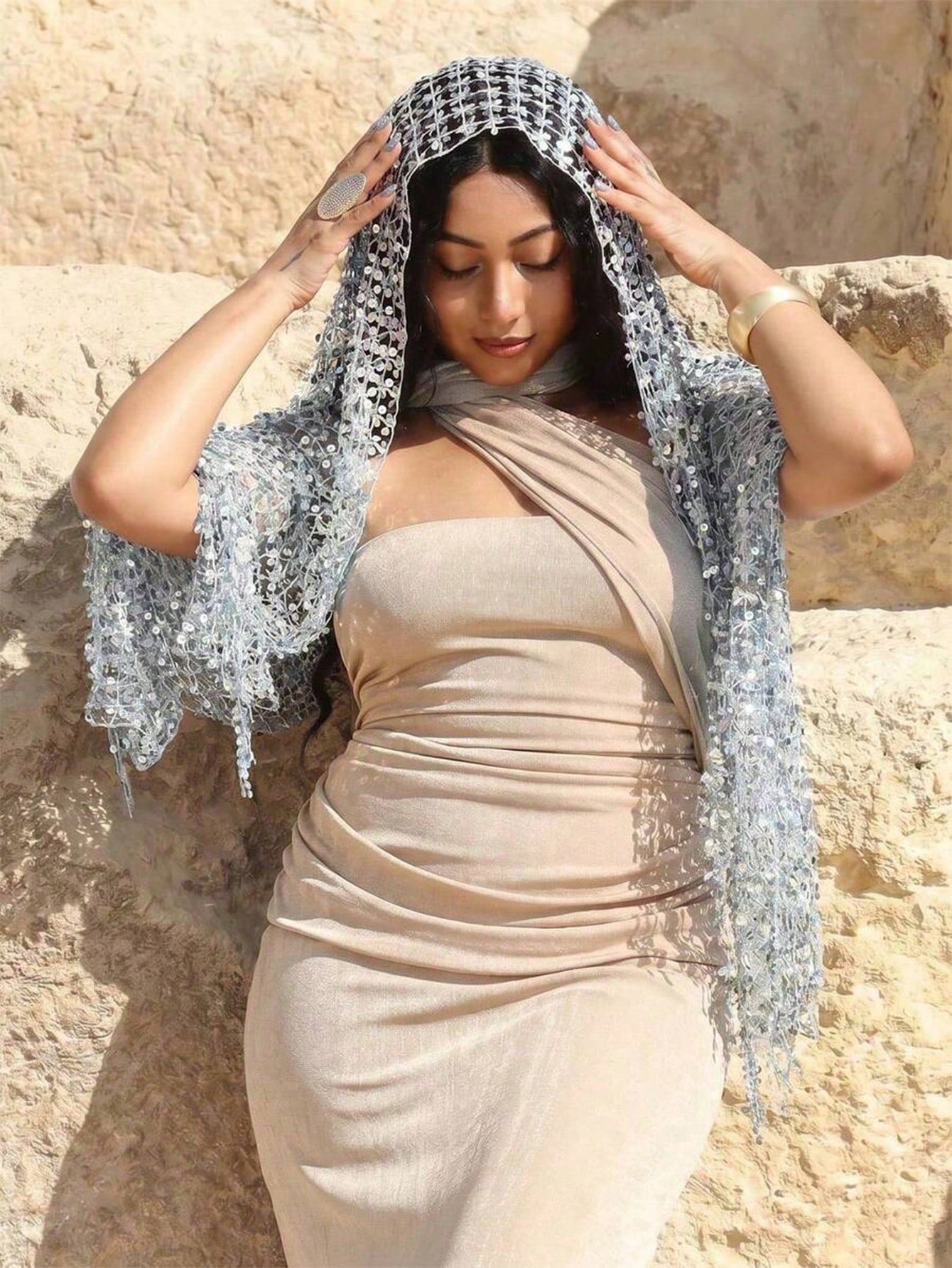 1pc Bohemian Style Scarf With Silver Sequin Tassels, Luxury Mesh Hijab For Muslim Women, Vibrant Color Shawl