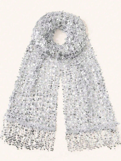 1pc Bohemian Style Scarf With Silver Sequin Tassels, Luxury Mesh Hijab For Muslim Women, Vibrant Color Shawl