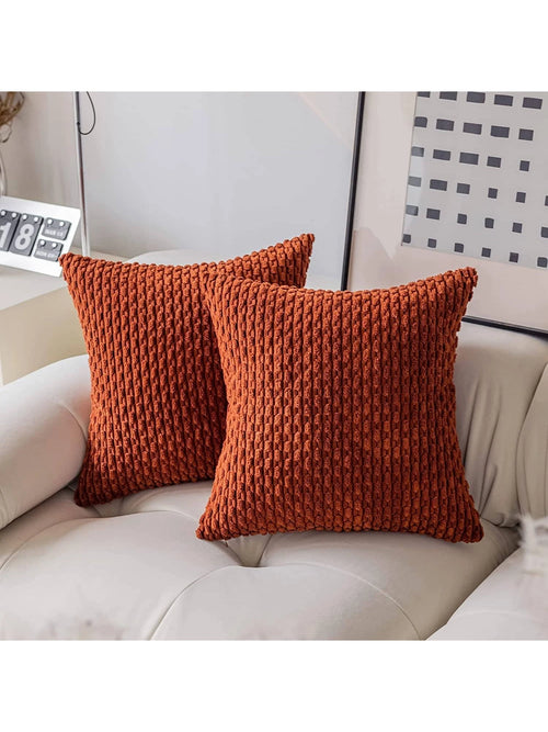 1pc Brick Red Orange Bohemian Stripe Cushion Cover (Pillow Core Not Included) Modern Fashion Soft Corduroy Raised Striped Solid Color Decorative Square Pillowcase, Suitable For Sofa Bedroom Bed, All S