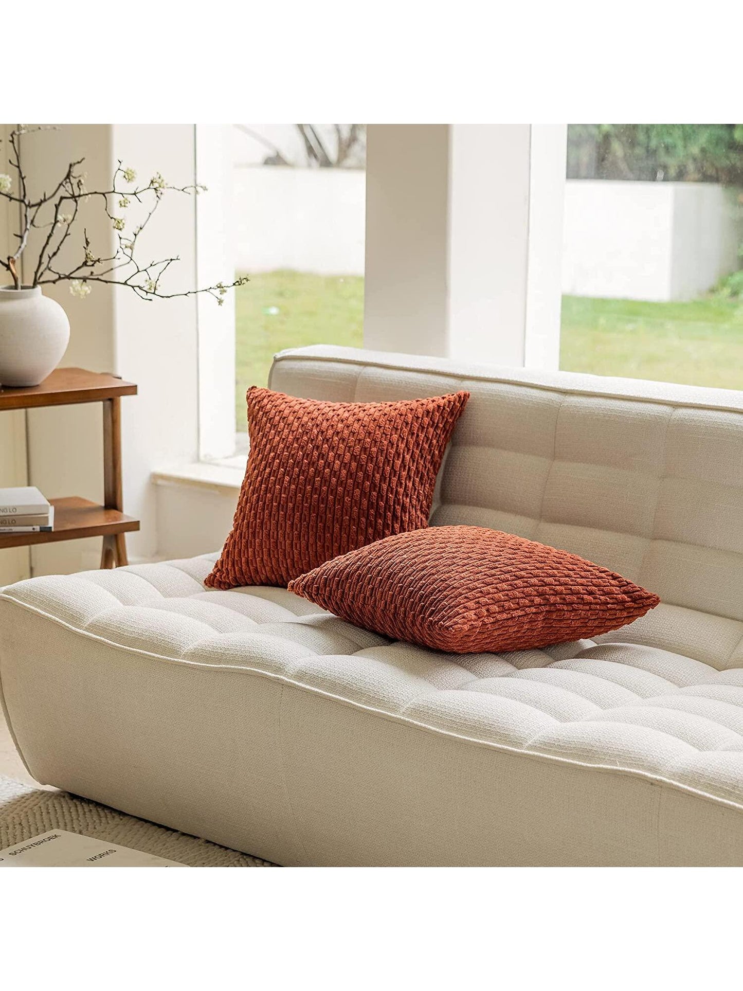 1pc Brick Red Orange Bohemian Stripe Cushion Cover (Pillow Core Not Included) Modern Fashion Soft Corduroy Raised Striped Solid Color Decorative Square Pillowcase, Suitable For Sofa Bedroom Bed, All S