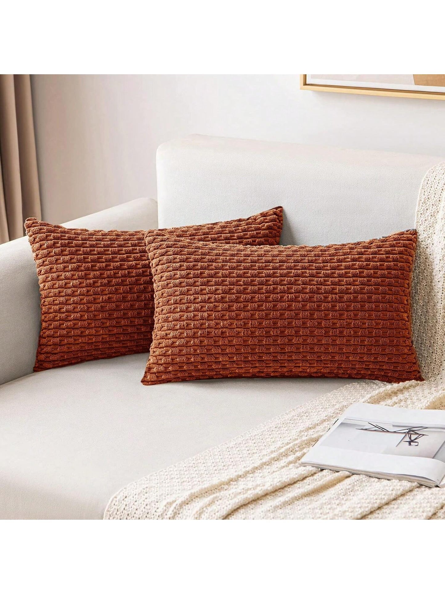 1pc Brick Red Orange Bohemian Stripe Cushion Cover (Pillow Core Not Included) Modern Fashion Soft Corduroy Raised Striped Solid Color Decorative Square Pillowcase, Suitable For Sofa Bedroom Bed, All S