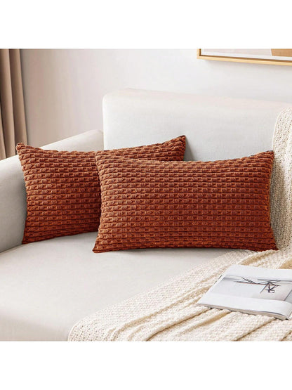 1pc Brick Red Orange Bohemian Stripe Cushion Cover (Pillow Core Not Included) Modern Fashion Soft Corduroy Raised Striped Solid Color Decorative Square Pillowcase, Suitable For Sofa Bedroom Bed, All S