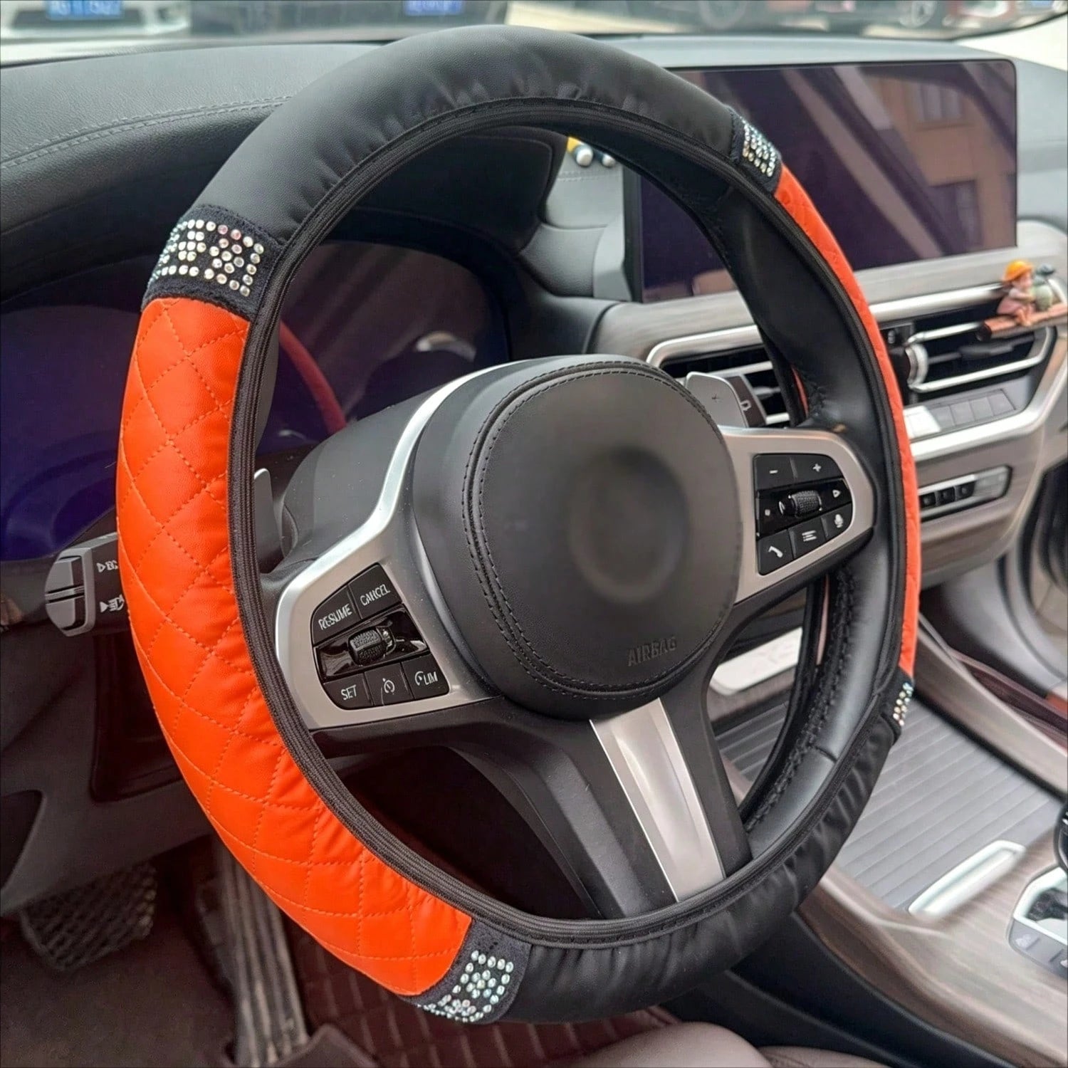 1pc Car Interior Accessories Rhinestone Quilted Leather Steering Wheel Cover Universal Fit