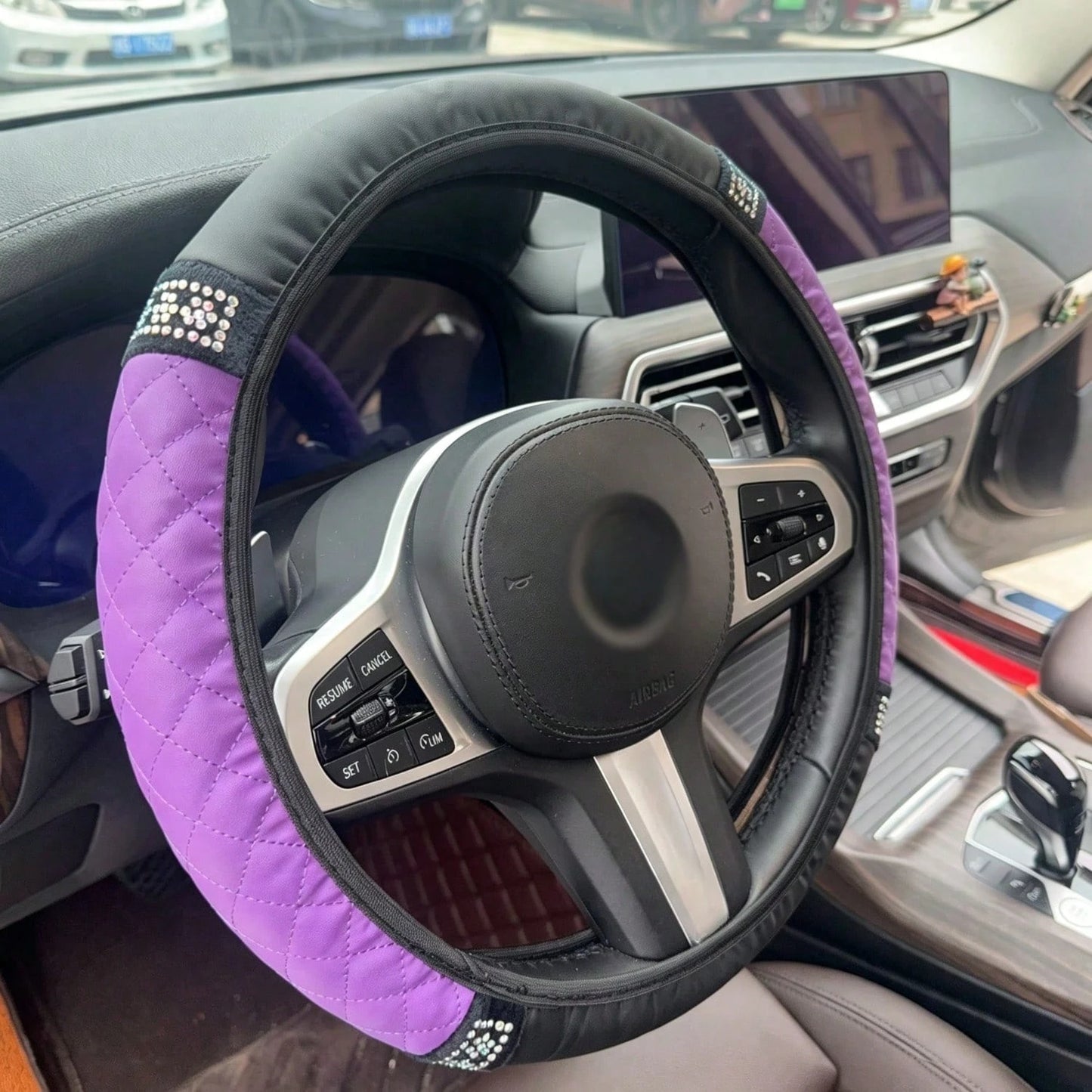 1pc Car Interior Accessories Rhinestone Quilted Leather Steering Wheel Cover Universal Fit