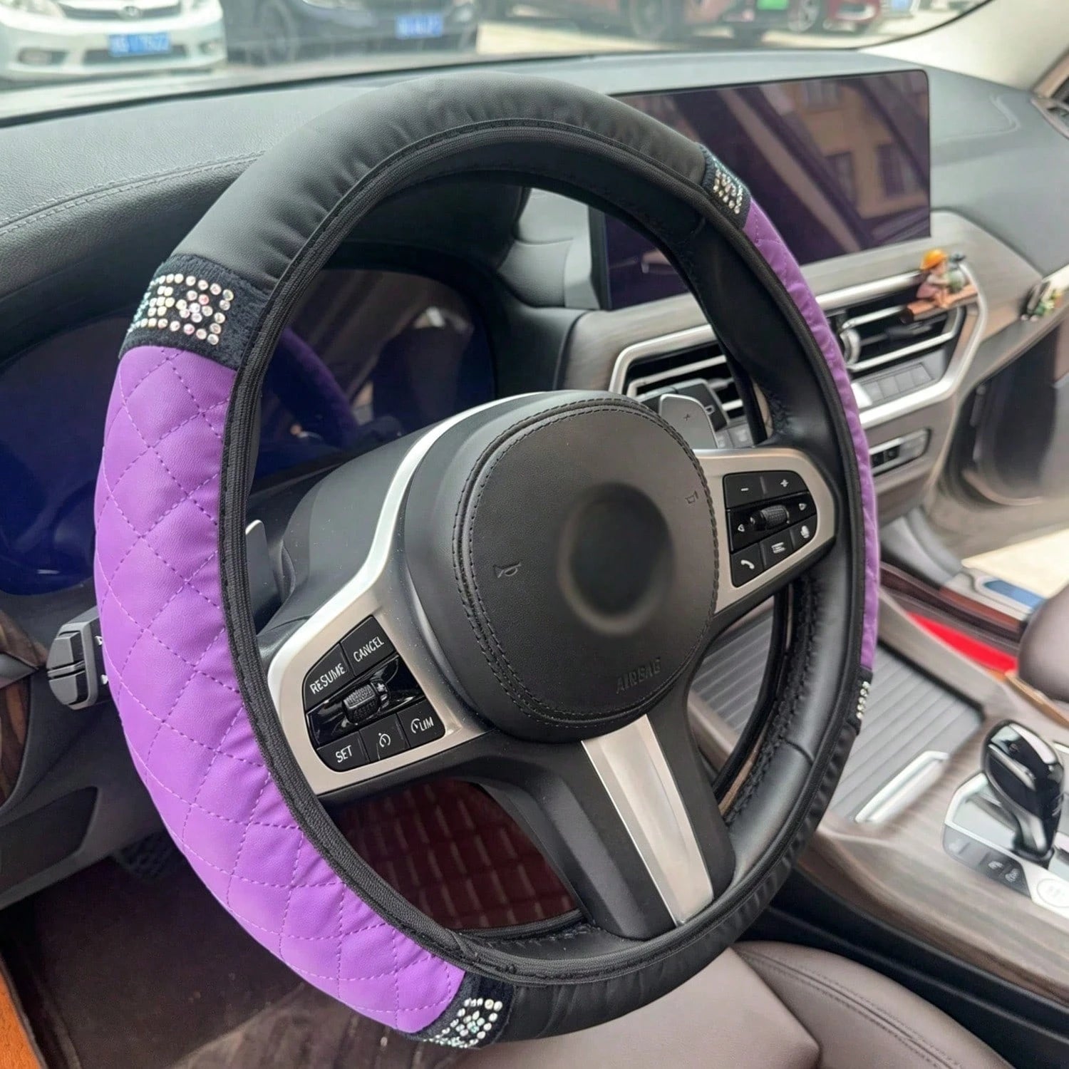 1pc Car Interior Accessories Rhinestone Quilted Leather Steering Wheel Cover Universal Fit