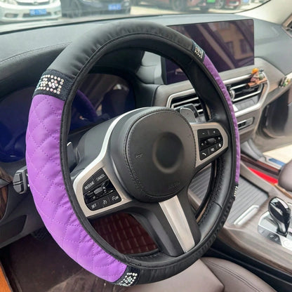 1pc Car Interior Accessories Rhinestone Quilted Leather Steering Wheel Cover Universal Fit