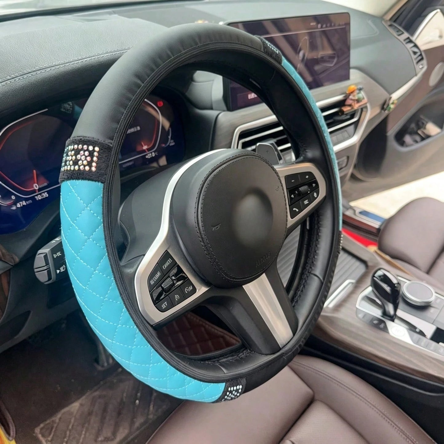 1pc Car Interior Accessories Rhinestone Quilted Leather Steering Wheel Cover Universal Fit