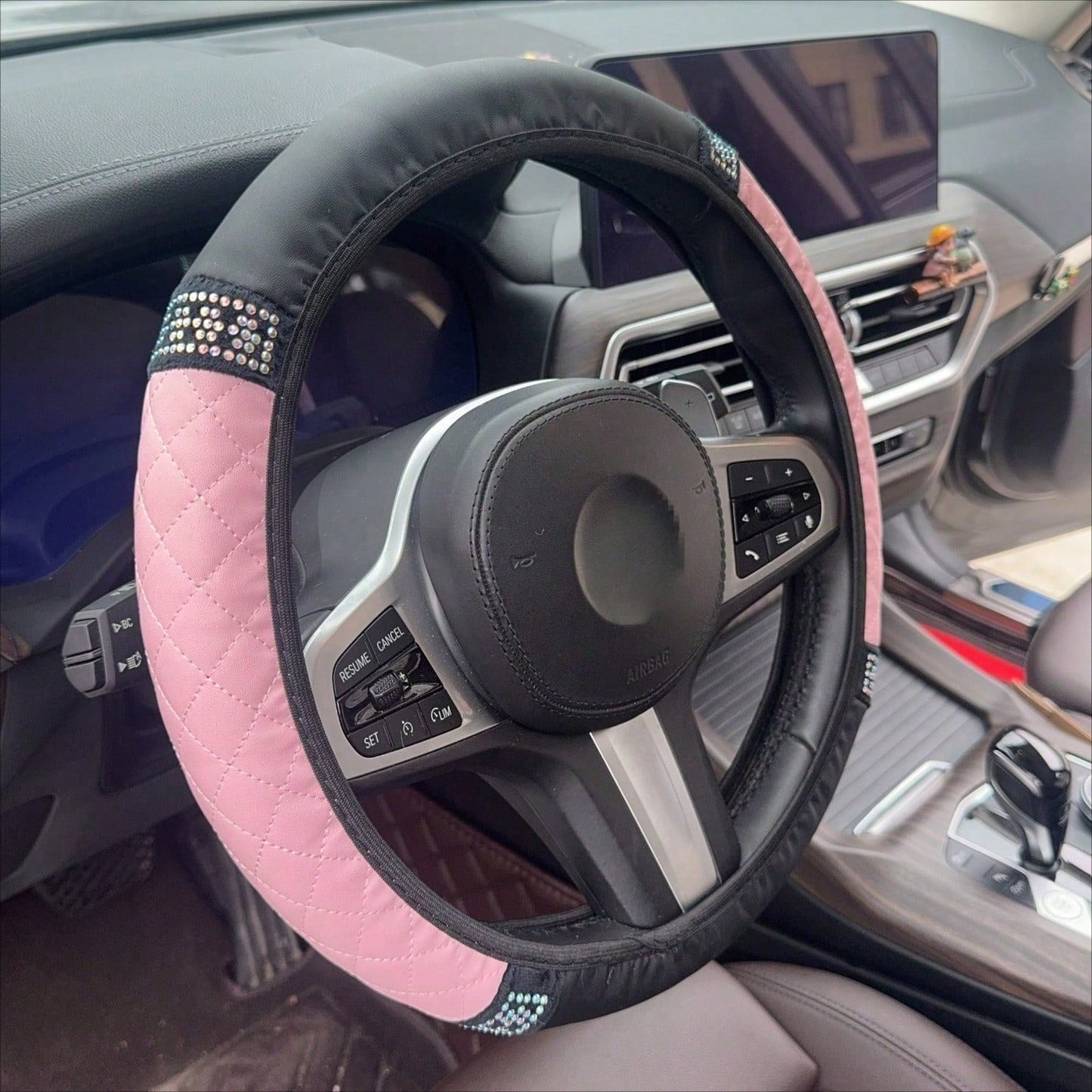 1pc Car Interior Accessories Rhinestone Quilted Leather Steering Wheel Cover Universal Fit