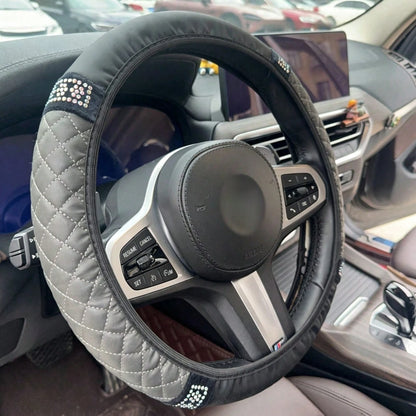 1pc Car Interior Accessories Rhinestone Quilted Leather Steering Wheel Cover Universal Fit