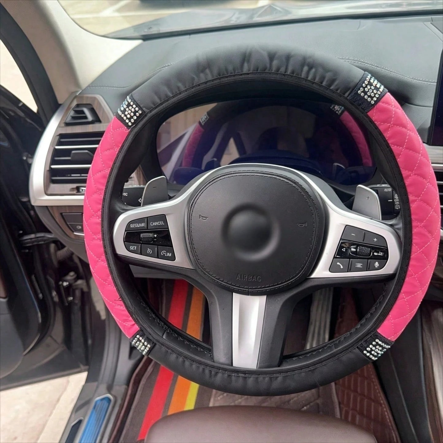 1pc Car Interior Accessories Rhinestone Quilted Leather Steering Wheel Cover Universal Fit