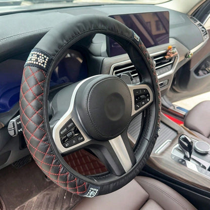 1pc Car Interior Accessories Rhinestone Quilted Leather Steering Wheel Cover Universal Fit