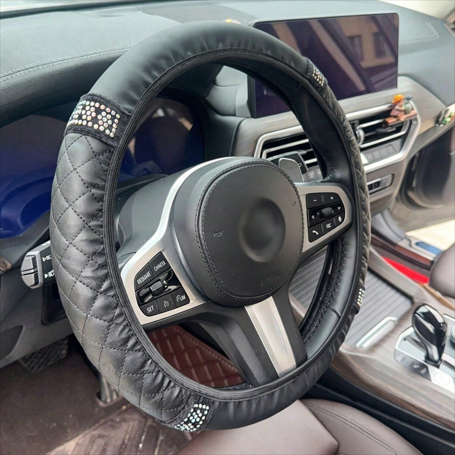1pc Car Interior Accessories Rhinestone Quilted Leather Steering Wheel Cover Universal Fit