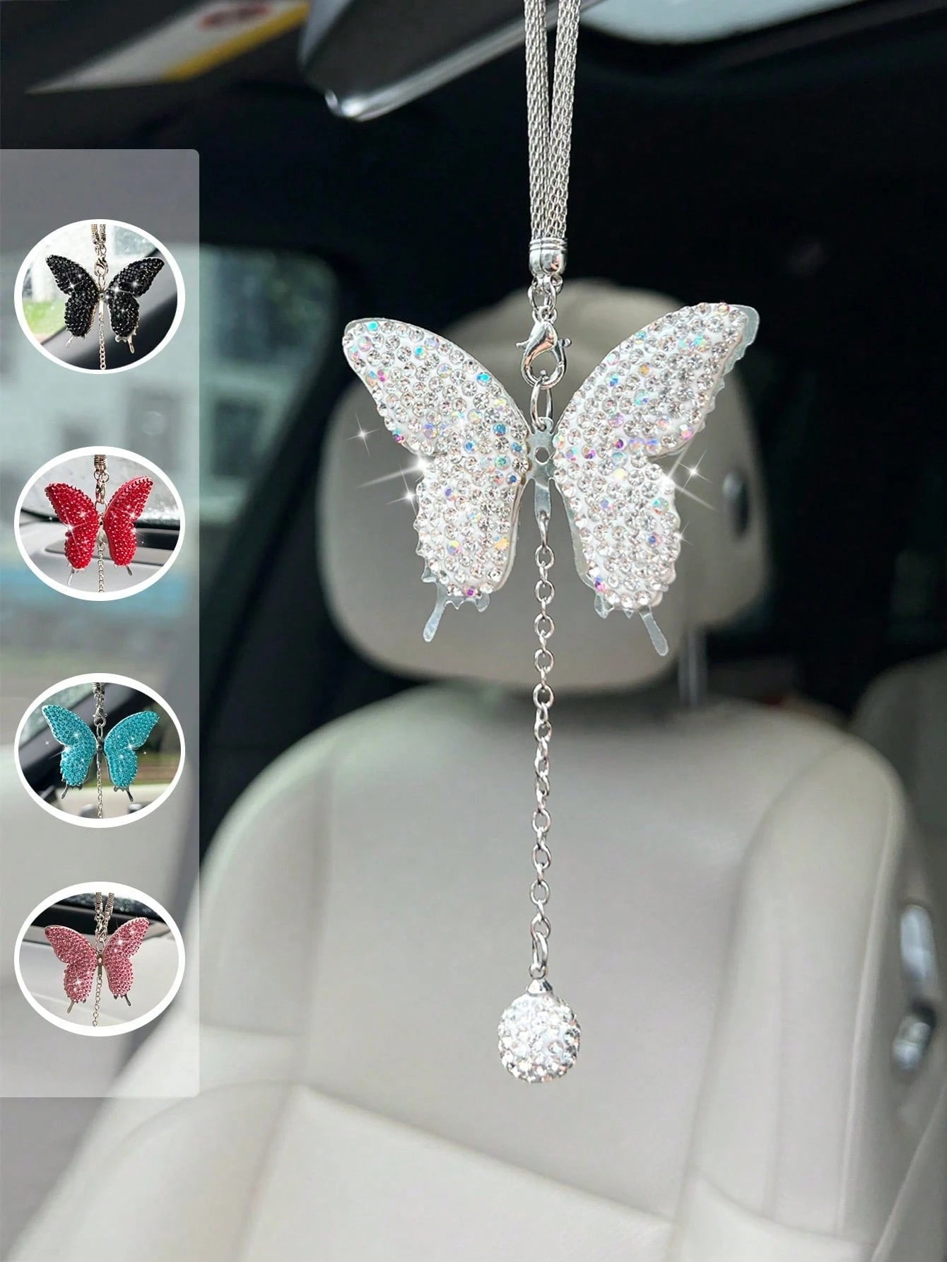 1pc Car Interior Pendant Full Diamond Butterfly Car Rearview Mirror Hanging Decoration Car Interior Pendant