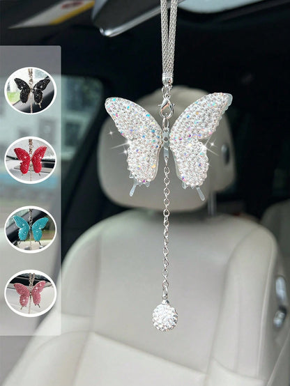 1pc Car Interior Pendant Full Diamond Butterfly Car Rearview Mirror Hanging Decoration Car Interior Pendant