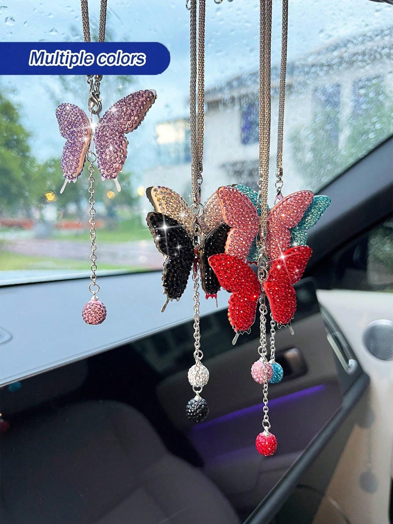 1pc Car Interior Pendant Full Diamond Butterfly Car Rearview Mirror Hanging Decoration Car Interior Pendant
