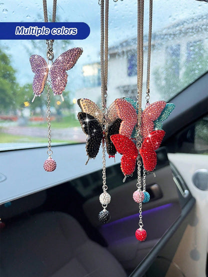1pc Car Interior Pendant Full Diamond Butterfly Car Rearview Mirror Hanging Decoration Car Interior Pendant