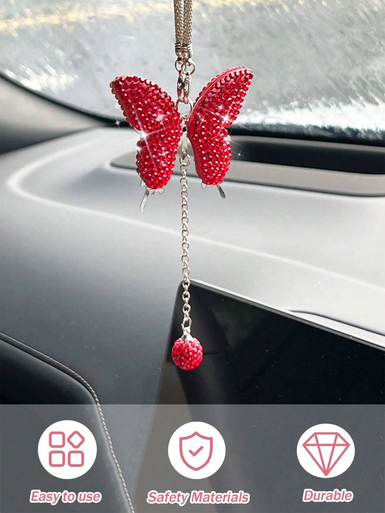 1pc Car Interior Pendant Full Diamond Butterfly Car Rearview Mirror Hanging Decoration Car Interior Pendant