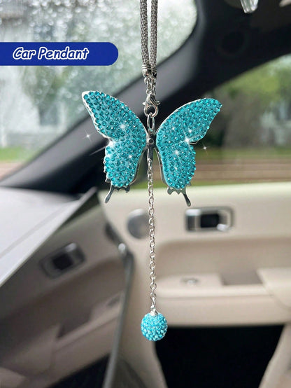1pc Car Interior Pendant Full Diamond Butterfly Car Rearview Mirror Hanging Decoration Car Interior Pendant