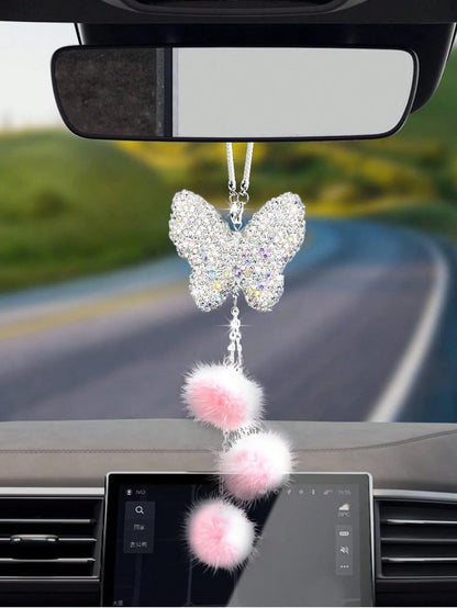 1pc Car Interior Pendant Full Diamond Butterfly Car Rearview Mirror Hanging Decoration Car Interior Pendant