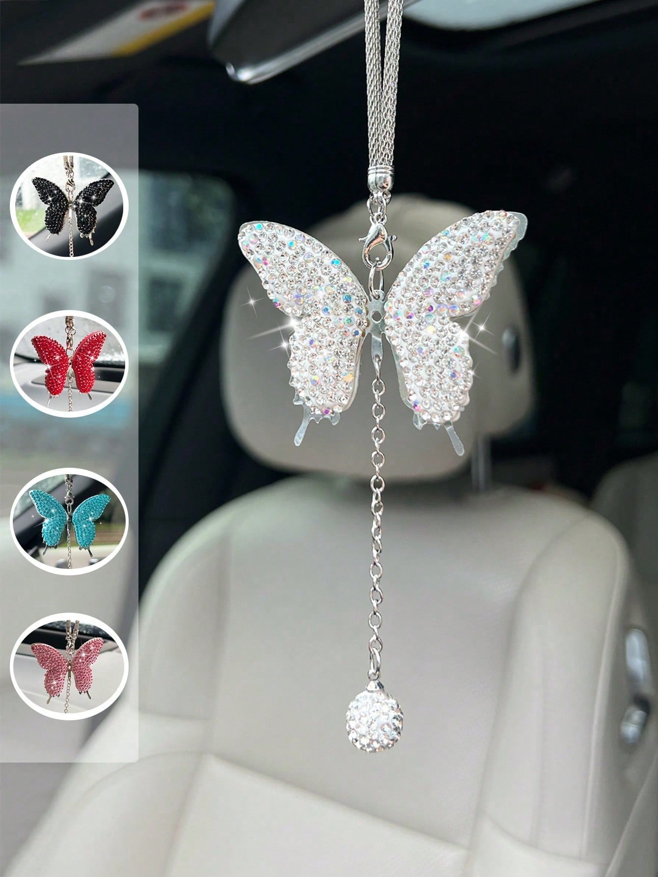 1pc Car Interior Pendant Full Diamond Butterfly Car Rearview Mirror Hanging Decoration Car Interior Pendant