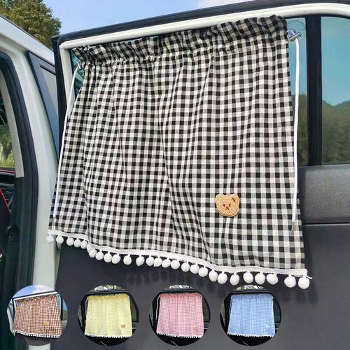 1pc Car Rear Window Sunshade, Universal Suction Cup Curtain, Cute Plaid Bear Design, Random Bear Pattern Or Stitching Style