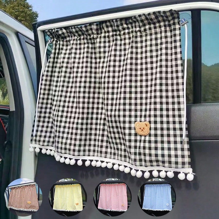1pc Car Rear Window Sunshade, Universal Suction Cup Curtain, Cute Plaid Bear Design, Random Bear Pattern Or Stitching Style