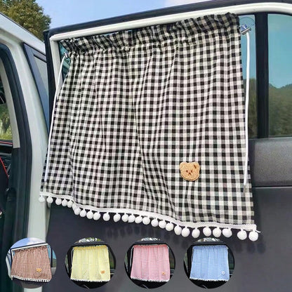 1pc Car Rear Window Sunshade, Universal Suction Cup Curtain, Cute Plaid Bear Design, Random Bear Pattern Or Stitching Style
