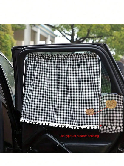 1pc Car Rear Window Sunshade, Universal Suction Cup Curtain, Cute Plaid Bear Design, Random Bear Pattern Or Stitching Style