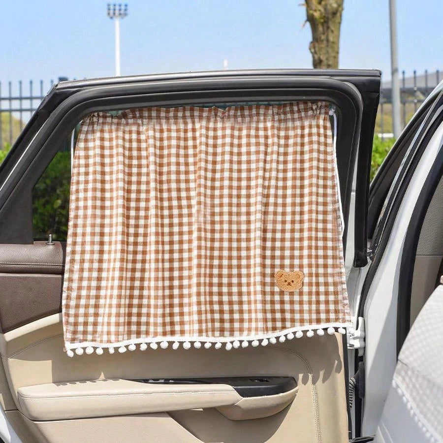 1pc Car Rear Window Sunshade, Universal Suction Cup Curtain, Cute Plaid Bear Design, Random Bear Pattern Or Stitching Style