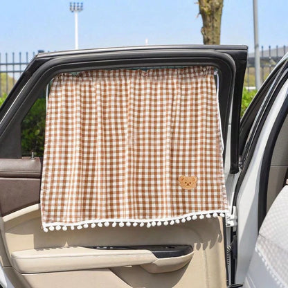 1pc Car Rear Window Sunshade, Universal Suction Cup Curtain, Cute Plaid Bear Design, Random Bear Pattern Or Stitching Style