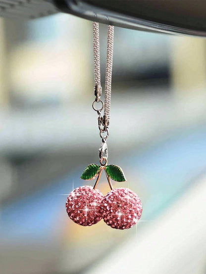 1pc Car Rearview Mirror Cherry Rhinestone Decorative Pendant For Women's Interior Decoration Accessories