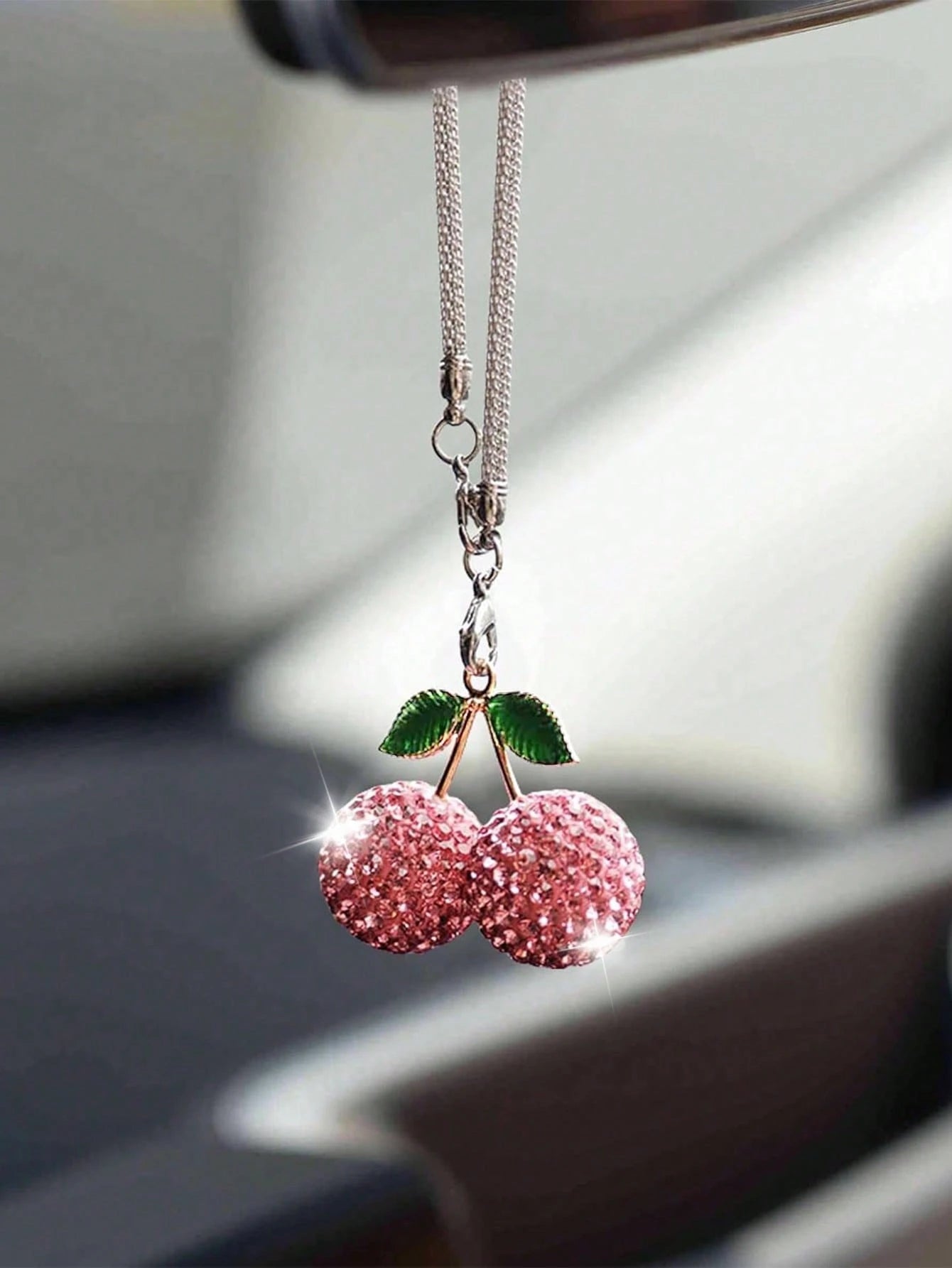 1pc Car Rearview Mirror Cherry Rhinestone Decorative Pendant For Women's Interior Decoration Accessories
