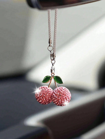 1pc Car Rearview Mirror Cherry Rhinestone Decorative Pendant For Women's Interior Decoration Accessories