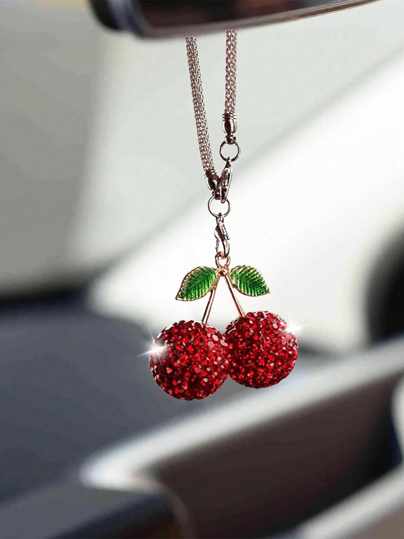 1pc Car Rearview Mirror Cherry Rhinestone Decorative Pendant For Women's Interior Decoration Accessories