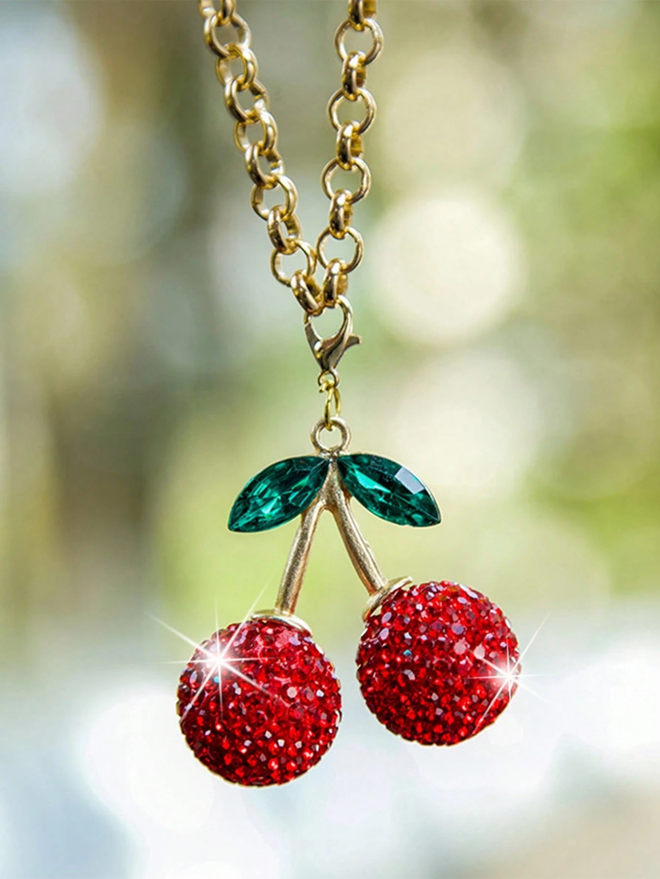 1pc Car Rearview Mirror Cherry Rhinestone Decorative Pendant For Women's Interior Decoration Accessories