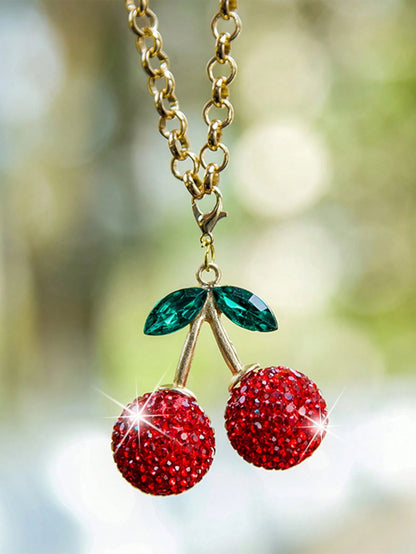 1pc Car Rearview Mirror Cherry Rhinestone Decorative Pendant For Women's Interior Decoration Accessories