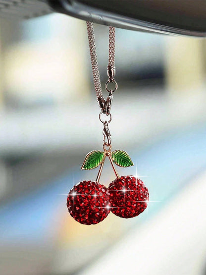1pc Car Rearview Mirror Cherry Rhinestone Decorative Pendant For Women's Interior Decoration Accessories