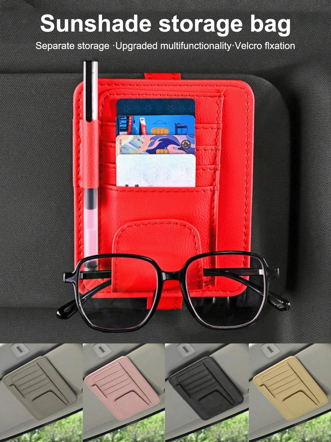 1pc Car Sun Visor Organizer- Multi-Pocket Storage Pouch With Sturdy Visor Holder| Keeps Sunglasses, Documents, Cards, Pen, Driver's License Tidy| Multifunctional Auto Interior Accessory For Cars, T