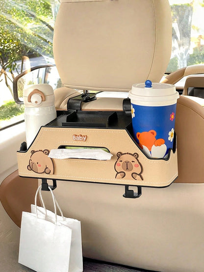 1pc Cartoon Car Backseat Storage Organizer With Cup Holder, Tissue Slot & Hooks| Universal Fit, Lovely Decor For Panda-Themed Vehicles